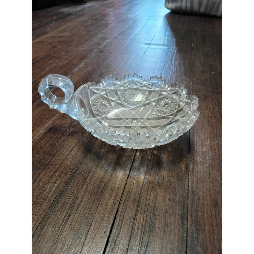 Antique 1890s-1910s Am Brilliant Cut Glass Dish w/ Sawtooth Rim and Loop Handle